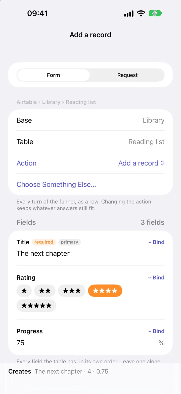 Example Airtable Add a record form with Title, Rating, and Progress fields.