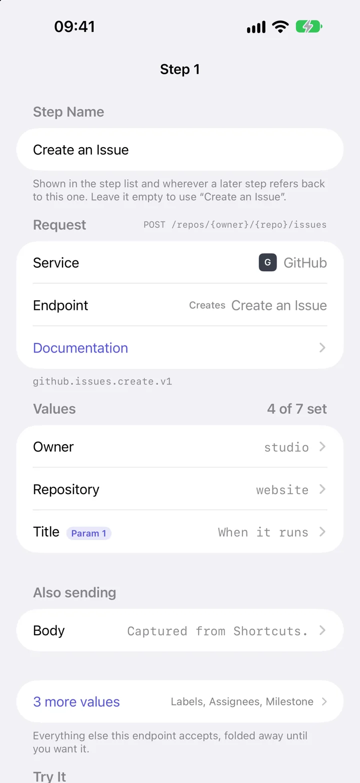 Shortcutify’s GitHub Create an Issue editor, with a saved repository and a title supplied by Shortcuts.