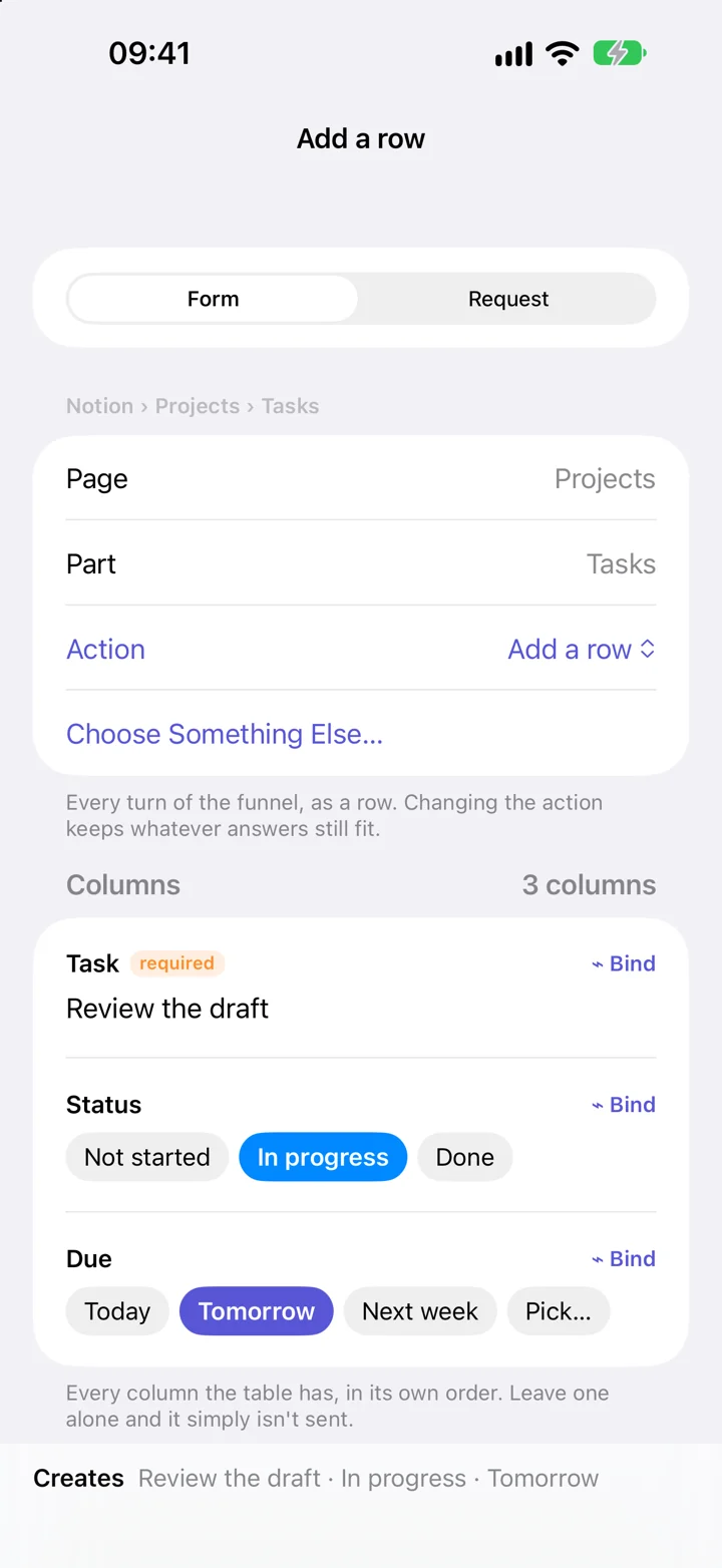 Example Notion Add a row form with Task, Status, and Due fields.
