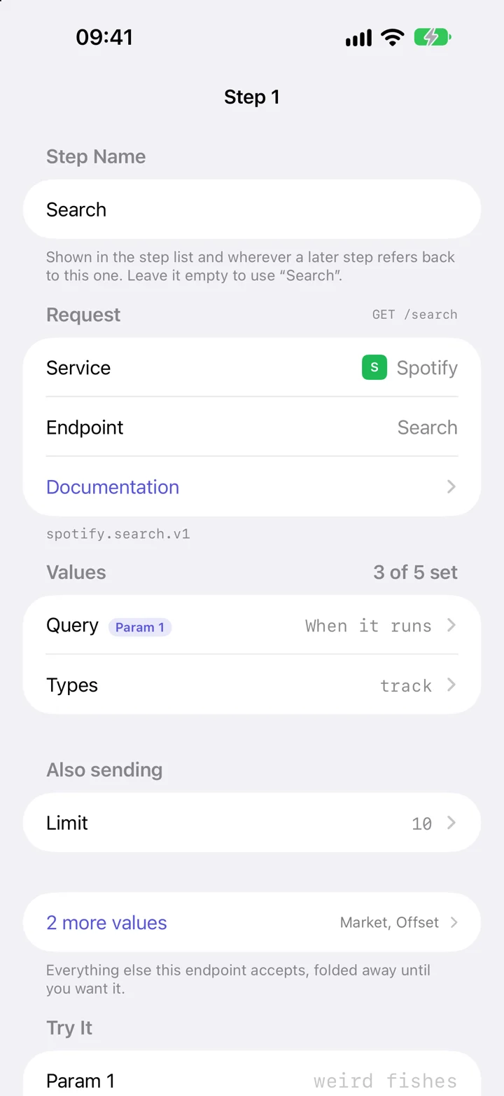 Spotify Search in Shortcutify’s standard editor, showing Query, Types, and Limit inputs.